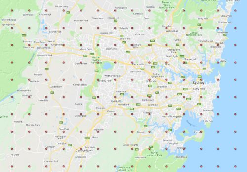 Greater Sydney Forecast points Red dots in a gridded pattern showing Weatherwise Watering forecast points for Greater Sydney