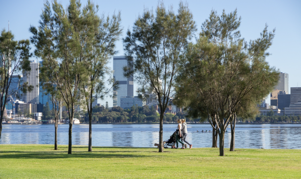 Perth Skyline from South Perth in the Morning Morning view of the Perth city skyline from South Perth, with two women pushing prams along the riverside path, grassy foreground, and building reflections on the Swan River.
