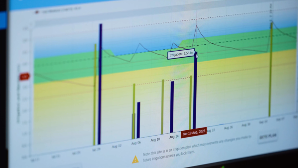 SWAN Systems Soil Moisture Chart on Screen Close-up view of a computer monitor displaying a SWAN Systems soil moisture chart, showing irrigation events and changes in soil moisture levels over time.