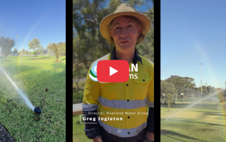 Montage showing irrigation sprinklers operating on sports turf and a council water professional on site, representing data-supported turf irrigation management.