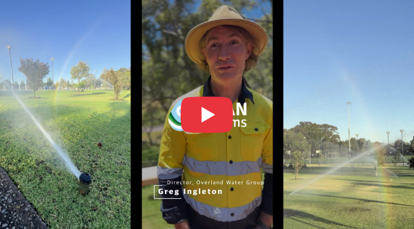 Montage showing irrigation sprinklers operating on sports turf and a council water professional on site, representing data-supported turf irrigation management.