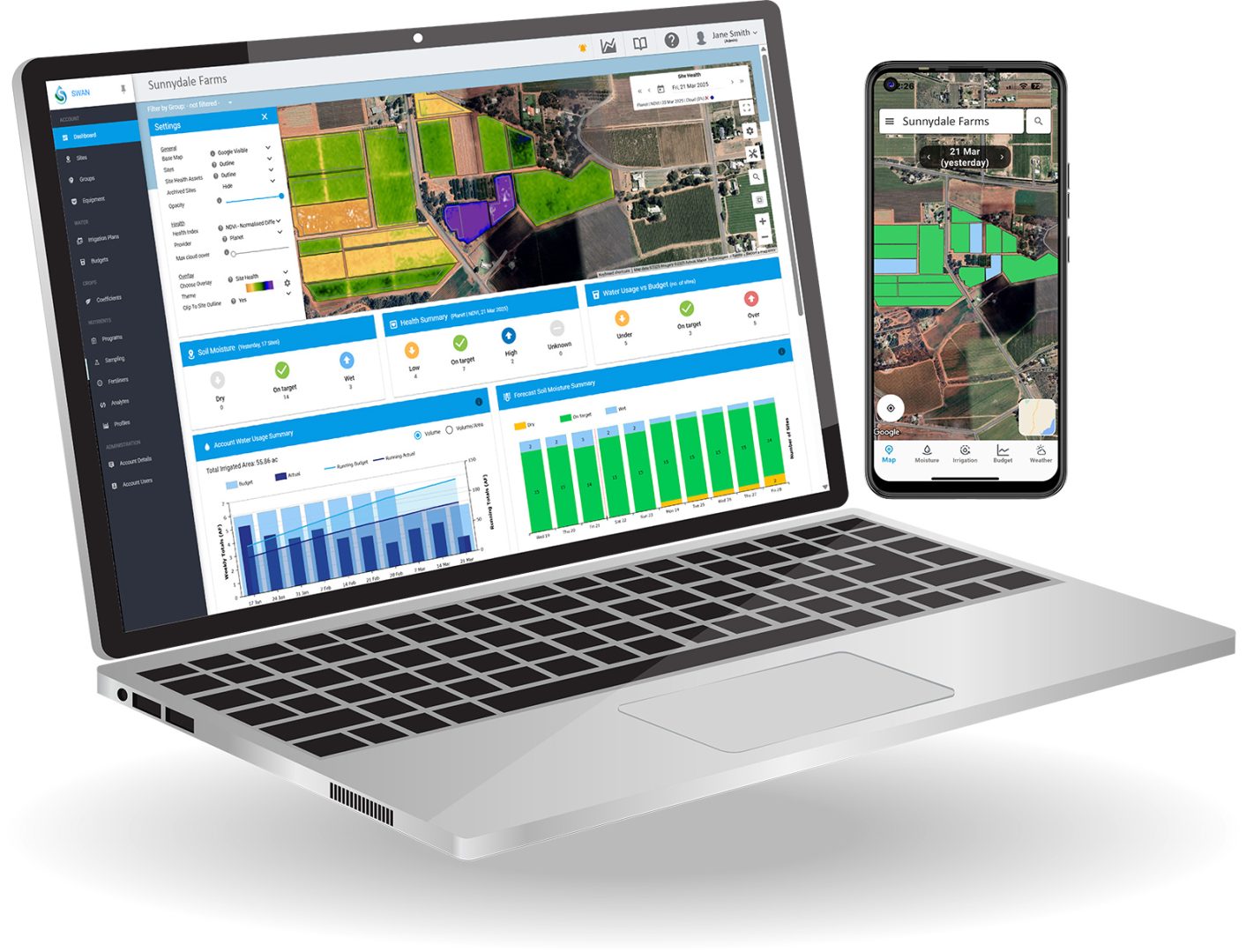 Laptop and mobile phone displaying the SWAN Systems irrigation management dashboard with satellite field maps, soil moisture data, water budgets, and performance charts.