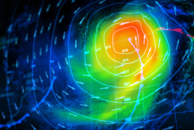 Weather Forecast Map with Pressure System Digital weather map showing pressure contours, wind arrows and colour-coded storm intensity.