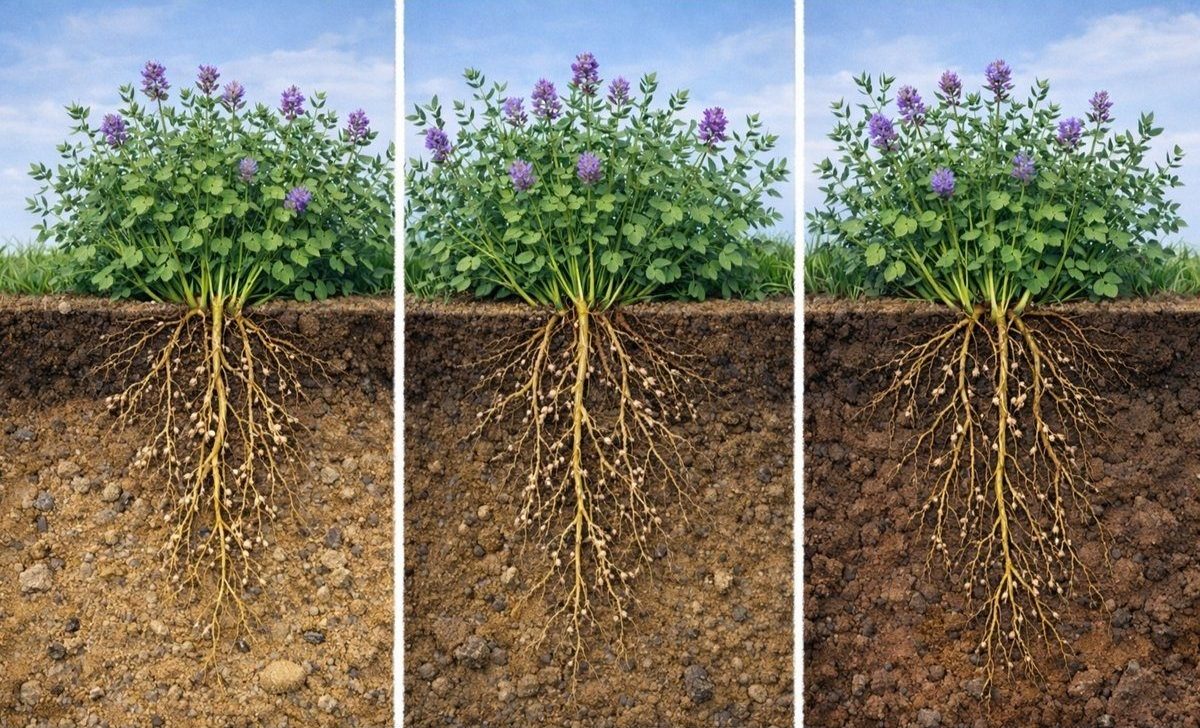 Lucerne root systems in different soil types Lucerne plants shown across three different soil profiles, illustrating root depth and structure in varying soil types.