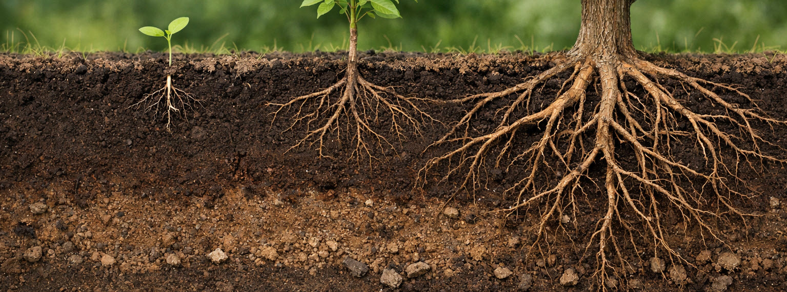 Soil profile cross-section showing root development of a seedling, young plant, and mature tree, illustrating increasing root depth and spread over time